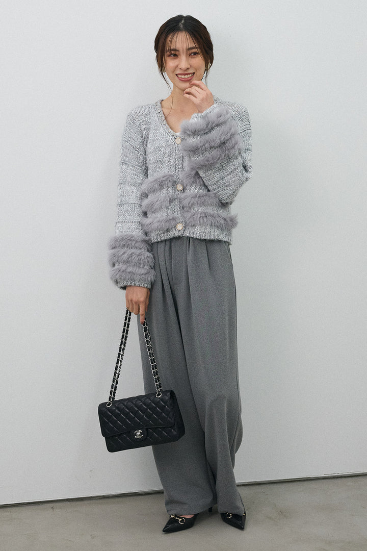 [予約/SET]ネックビジューラインファーニットカーデ+2タック美シルエットパンツ(2set)