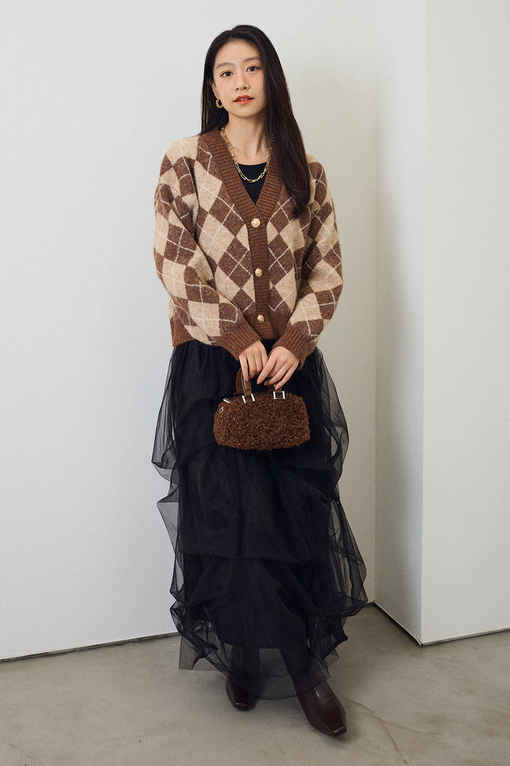 [予約/SET]アーガイル柄ゴールドボタンニットカーデ+マルチパターンタックチュールスカート(2set)