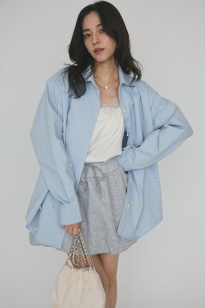 [予約/SET]雫パールデザインオーバーシャツ+スウェットバルーンスカート(2set)