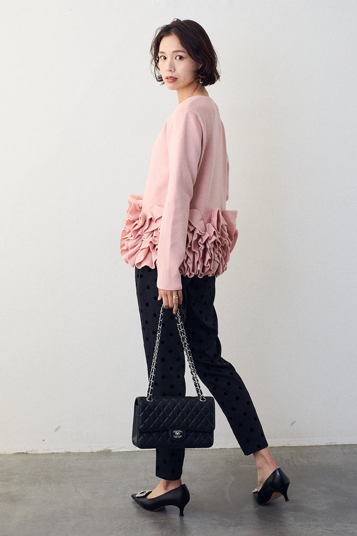 [予約/SET]フリルホイップニットカーディガン+ドット柄センターラインテーパードパンツ(2set)