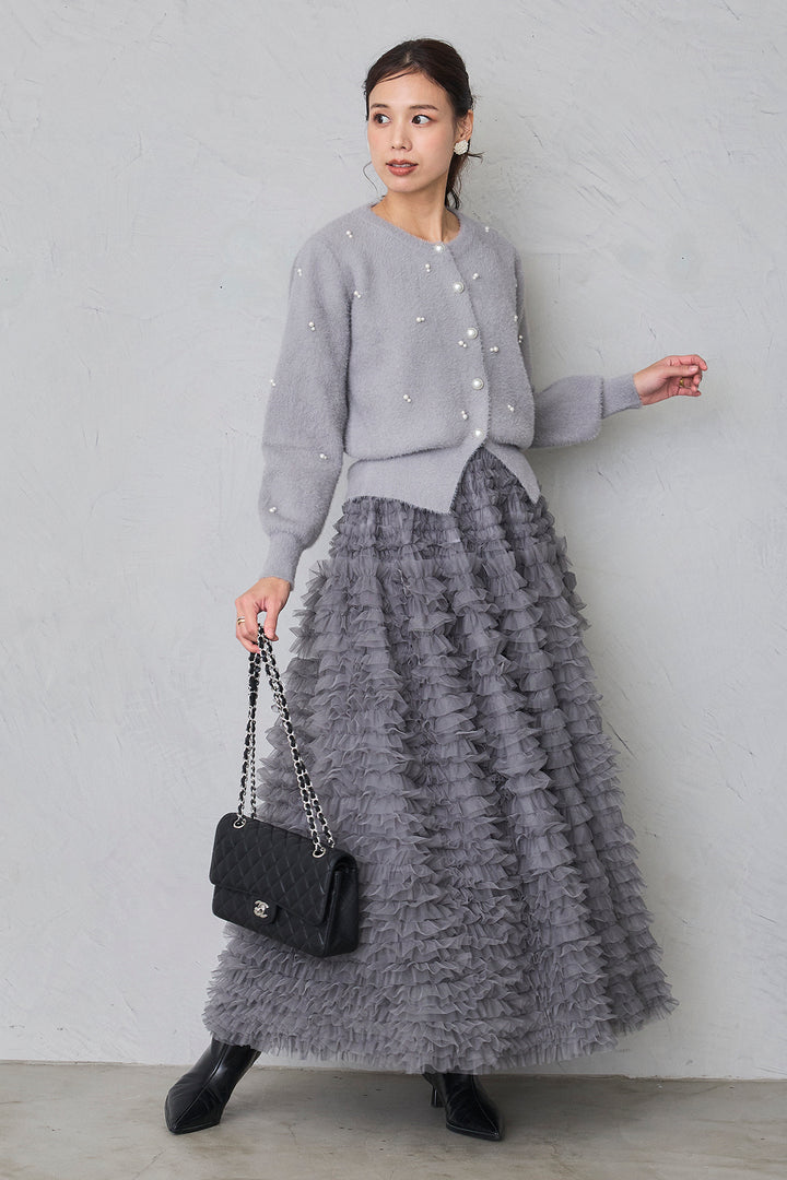 [予約/SET]ミックスパールシャギーコーディガン+ホイップチュールティアードスカート(2set)