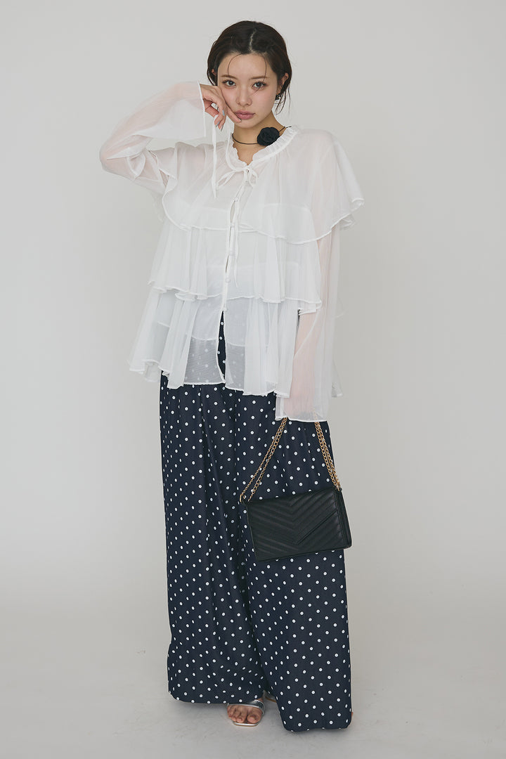 [予約/SET]エアリーシフォンティアードブラウス+ハイウエストドットデニムパンツ(2set)