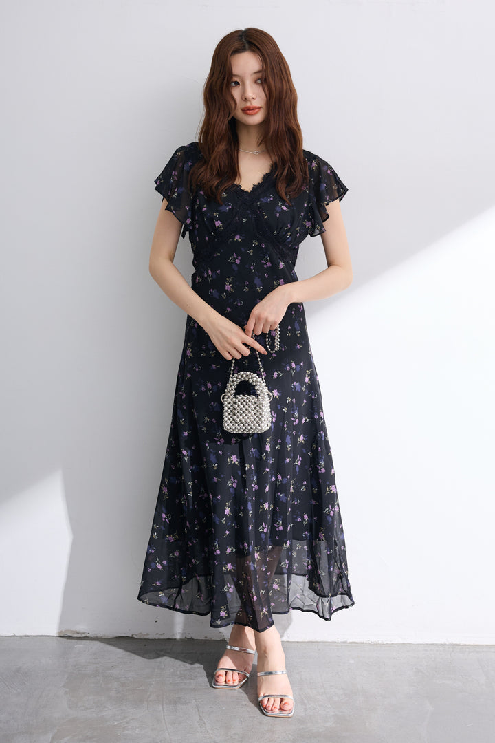 [予約]ニュアンスフラワーレースポイントシフォンワンピース