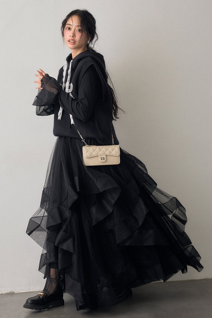 [予約/SET]チュールシアーカフスリブニット+レースリボンロゴフードスリーブレスニット+ランダムフリルティアードボリュームスカート(3set)