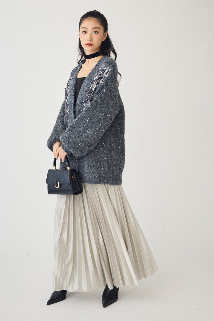 [予約/SET]ビーズフラワースパンコールシャイニーニットカーデ+シャイニープリーツサテンスカート(2set)