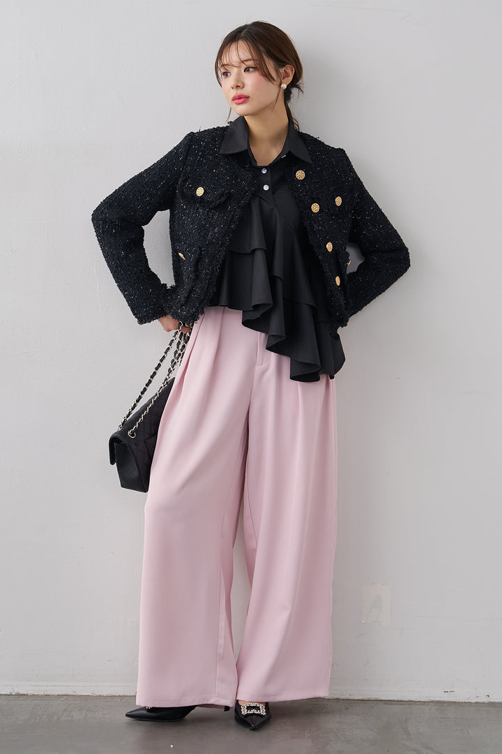 [予約/SET]アシメフリルティアードシャツ+フリンジツイードゴールドボタンジャケット+エステルツイルタックワイドカラーパンツ(3set)