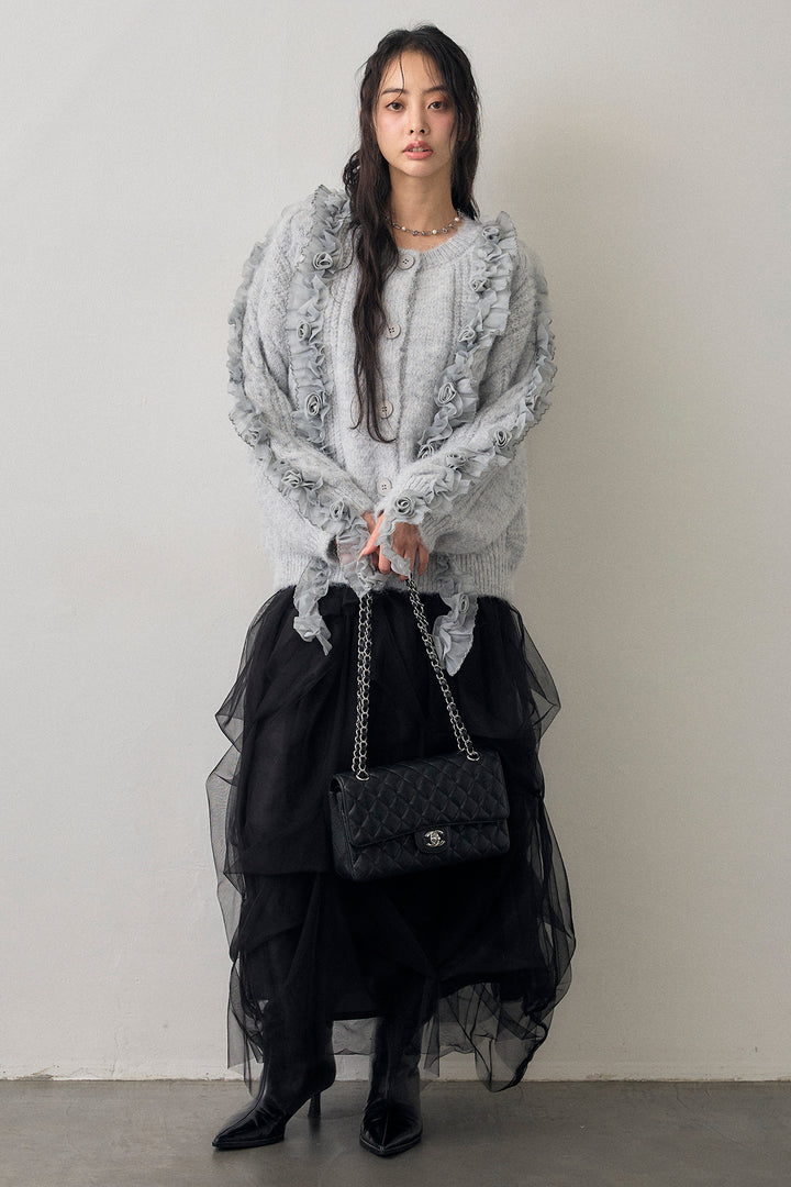 [予約/SET]フリルローズドッキングニットカーデ+マルチパターンタックチュールスカート(2set)