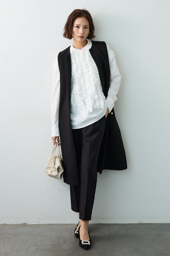 Frene ポケットパール付き　ボンディングジレ　フリルブラウス　セットコーデ 予約/SET]Iラインフリルホイップブラウス+ポケットパール付き