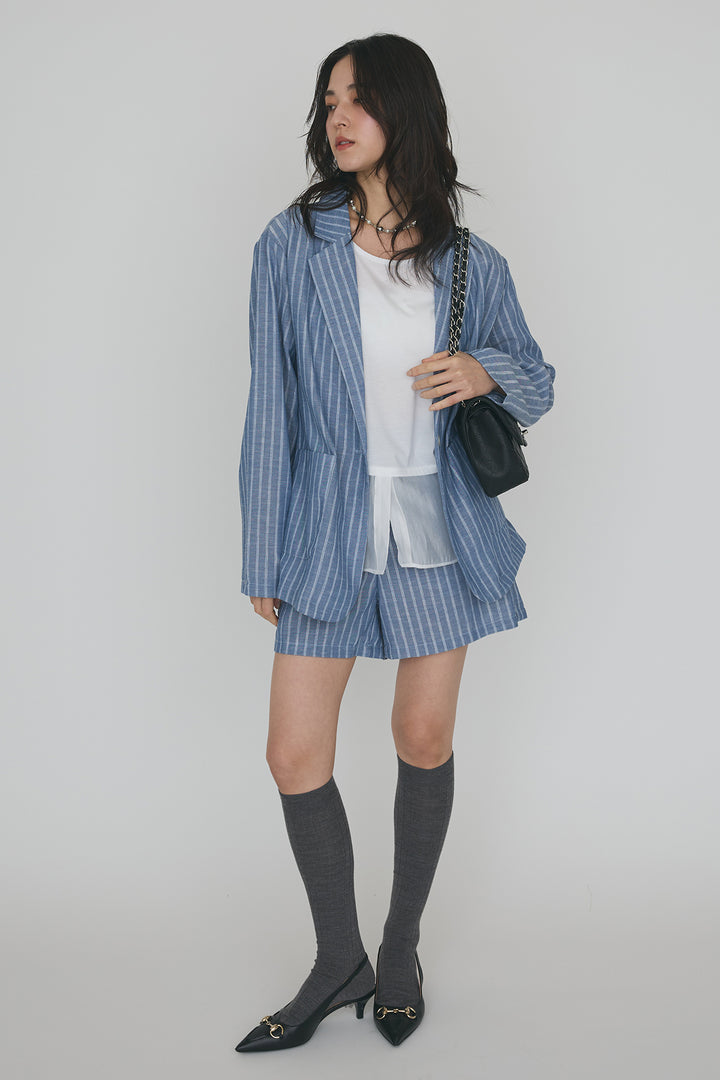 [予約/SET]ドライタッチオーガンジー切替タンクトップ+ストライプライトジャケットセットアップ(2set)