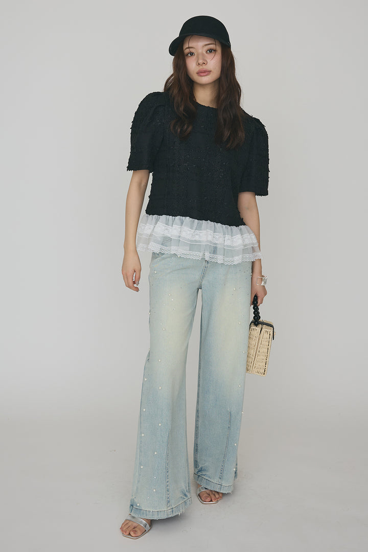 [予約/SET]サマーツイード異素材ドッキングトップス+パールラインストーンハイウエストデニム(2set)