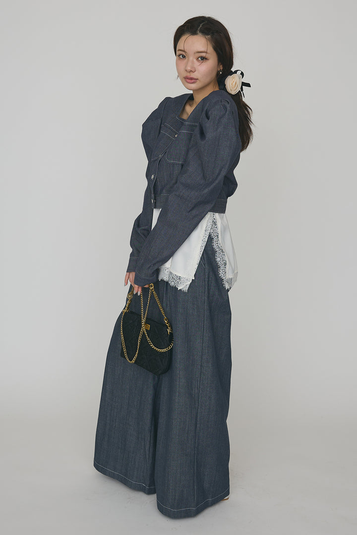 [予約/SET]マットサテンレースキャミソール+ステッチパフスリーブクロップドジャケット+ステッチデザインハイウエストデニムパンツ(3set)