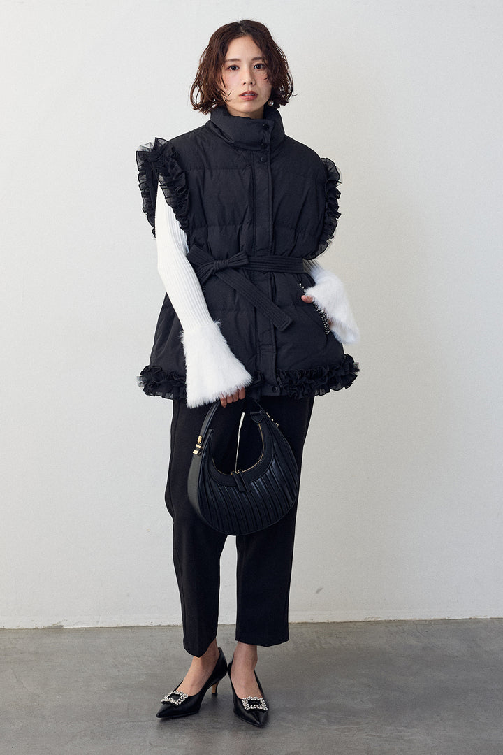 [予約/SET]フェザー切替スリーブフレアニット+フリルチュールスリーブ美ラインベスト+ウォームセンタープレス美ラインテーパードパンツ(3set)