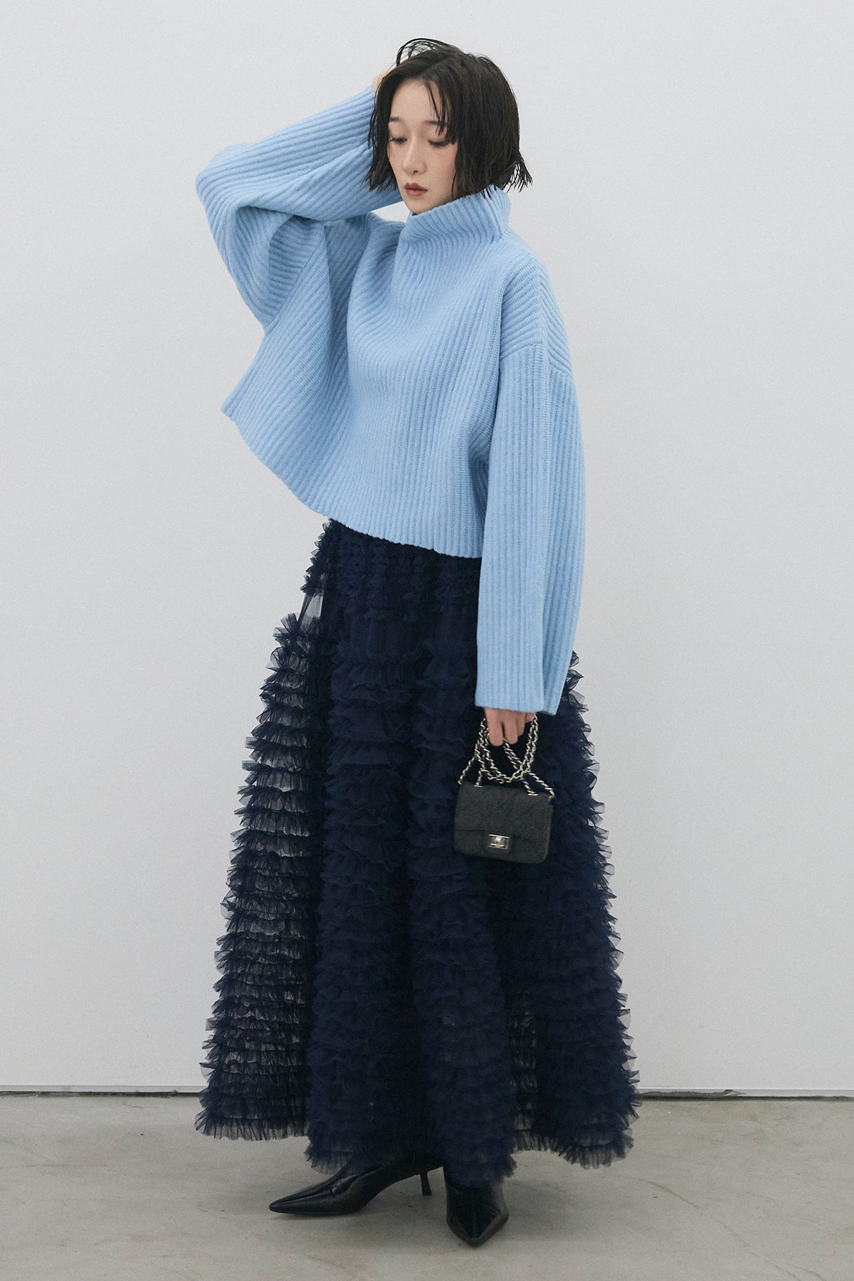 予約/SET]ソリッドストライプショートニット+ホイップチュール