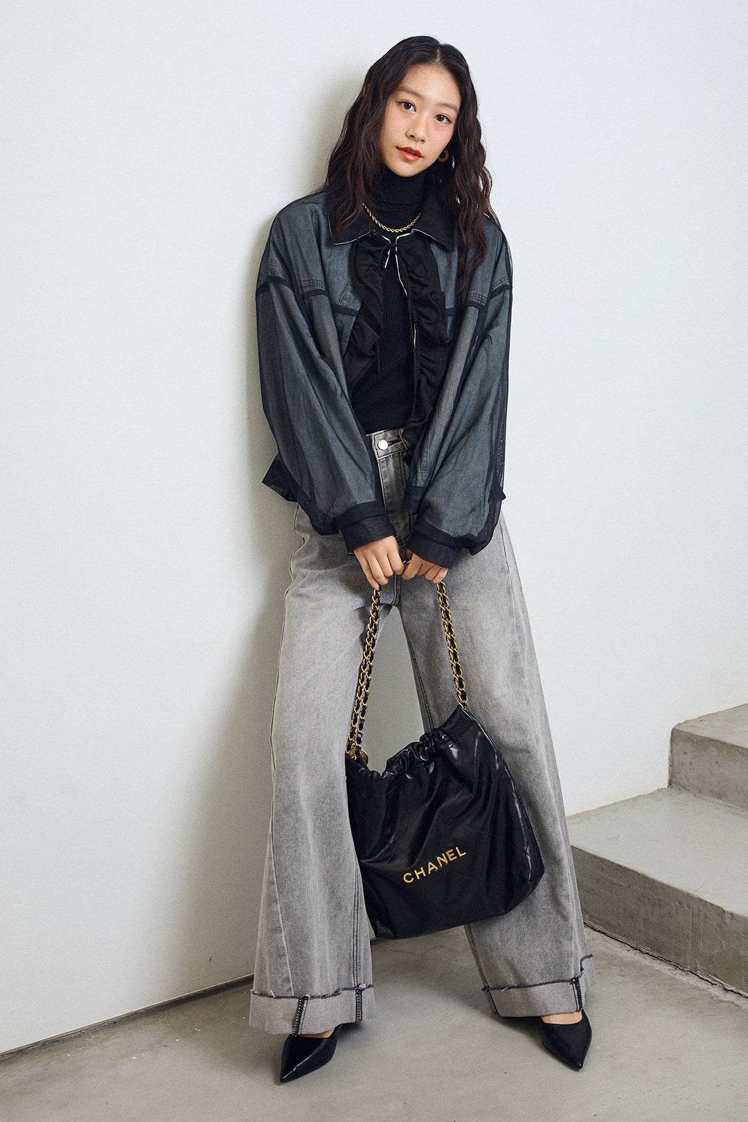 [予約]デニム×チュールレイヤードフリルジャケット