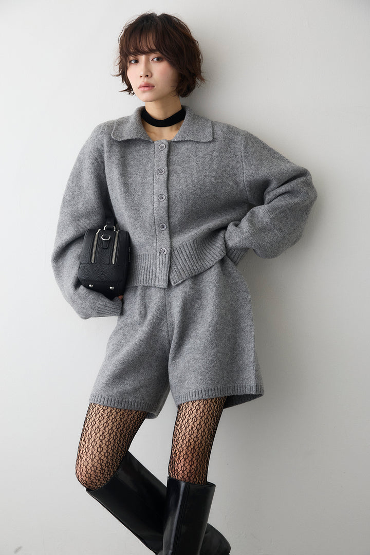 [予約/SET]メランジニットポロ襟クロップドカーデ+メランジニットショートパンツ(2set)