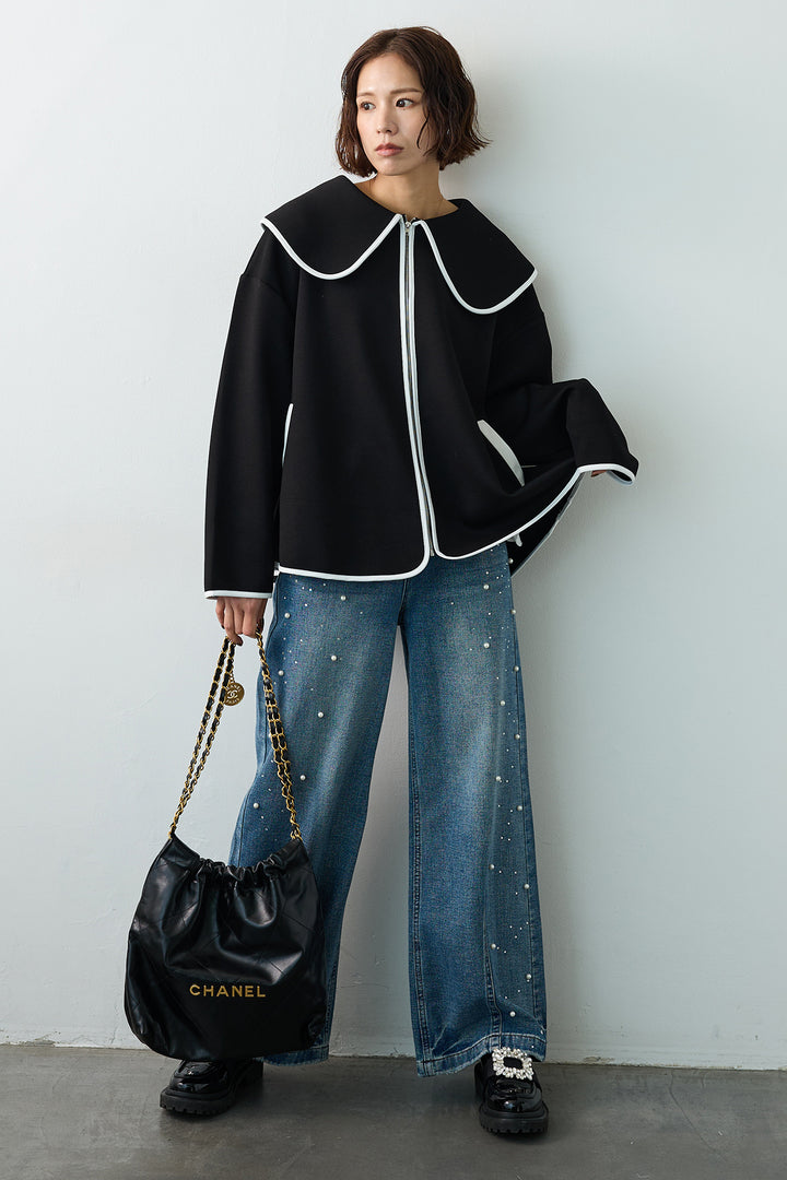 [予約/SET]バイカラーボンディング襟付きコート+パールラインストーンハイウエストデニム(2set)