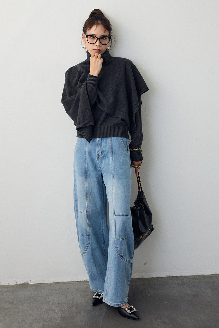 [予約/SET]アシメケープ2wayニット+ステッチ美ラインカーブデニムパンツ(2set)