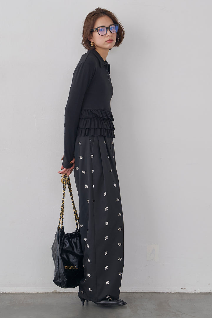 [予約]フラワー刺繍ツイルストレートパンツ