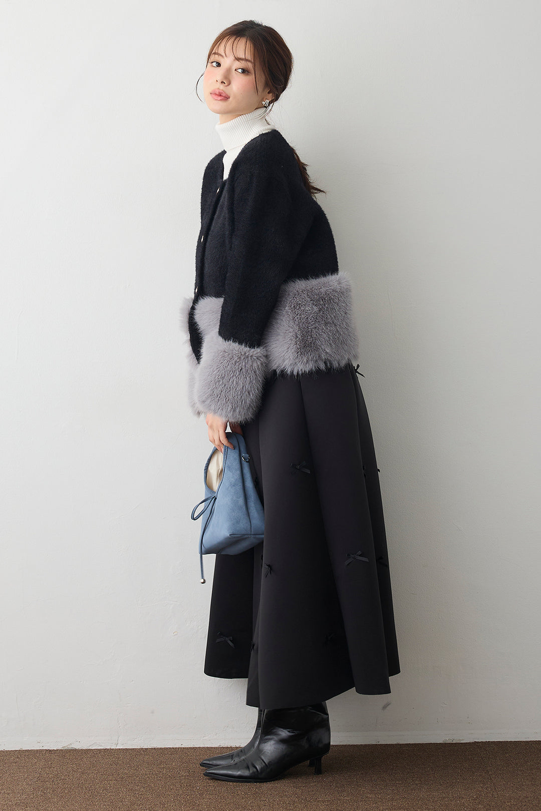 [予約/SET]配色ファードッキングコート+マルチパターンボンディングフレアスカート(2set)