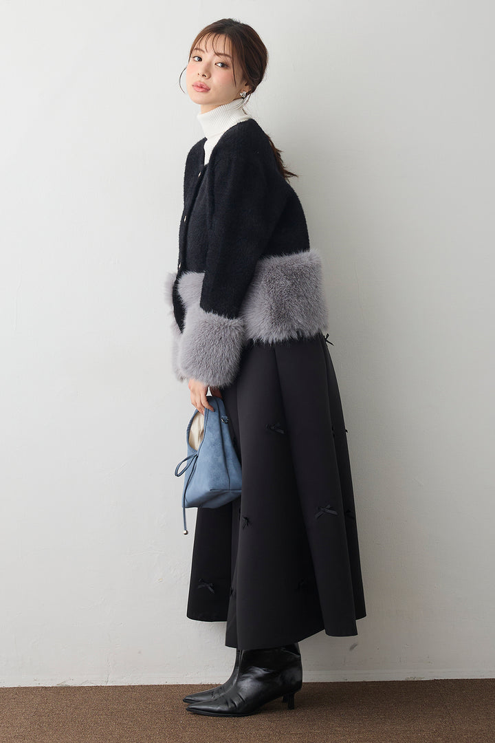 [予約/SET]配色ファードッキングコート+マルチパターンボンディングフレアスカート(2set)