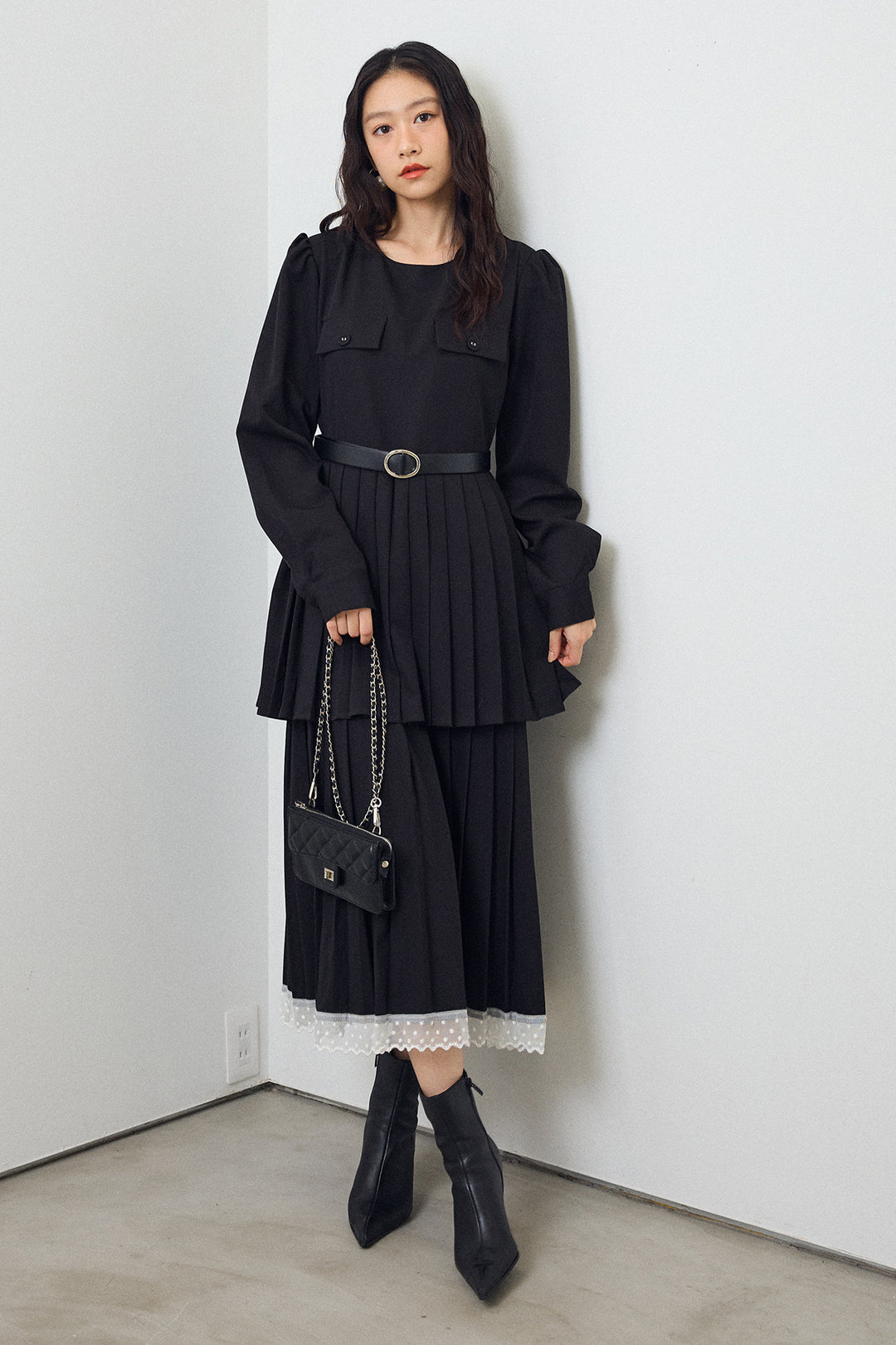 [予約/親子SET]ダブルプリーツクラシカルワンピース+[kids]クラシカルプリーツジャケットセットアップ(2set)