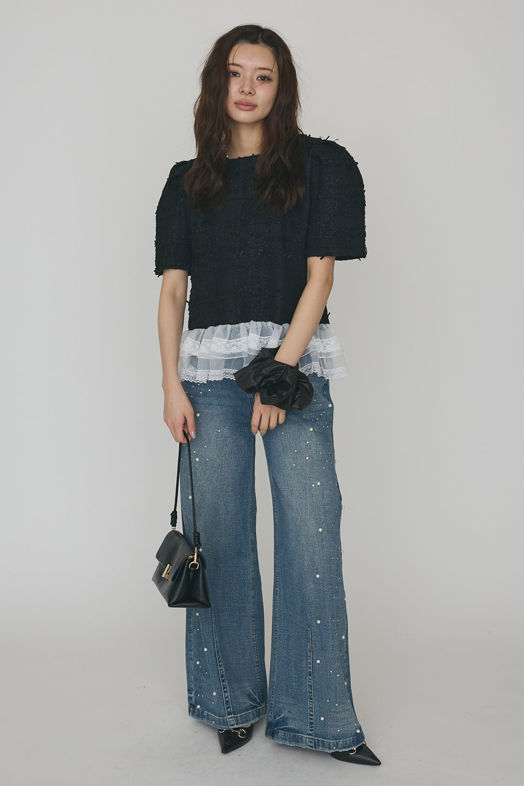 [予約/SET]サマーツイード異素材ドッキングトップス+パールラインストーンハイウエストデニム(2set)