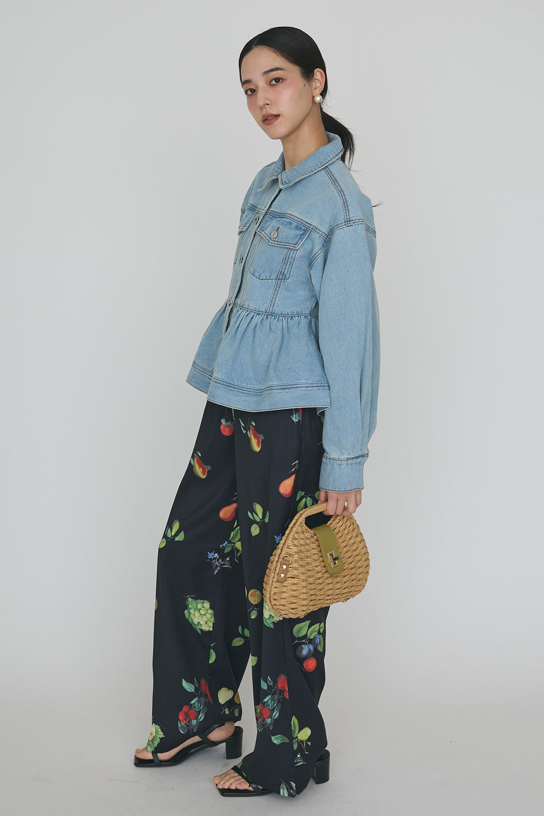 [予約/SET]ペプラムデニムジャケット+フルーツパターンストレートパンツ(2set)
