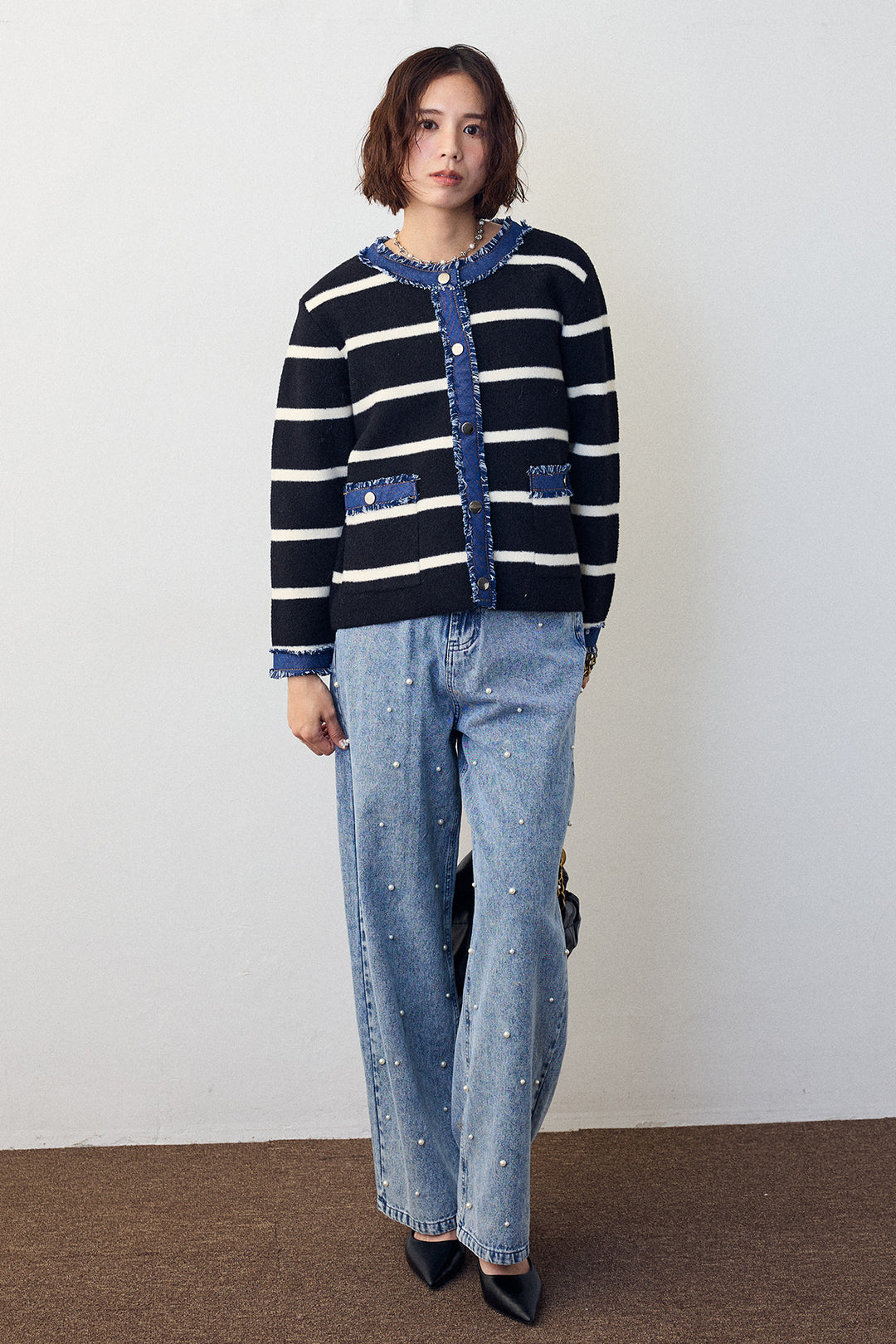 [予約/SET]デニムドッキングマルチパターンカーデ+パールスタッズストレートハイウエストデニム(2set)