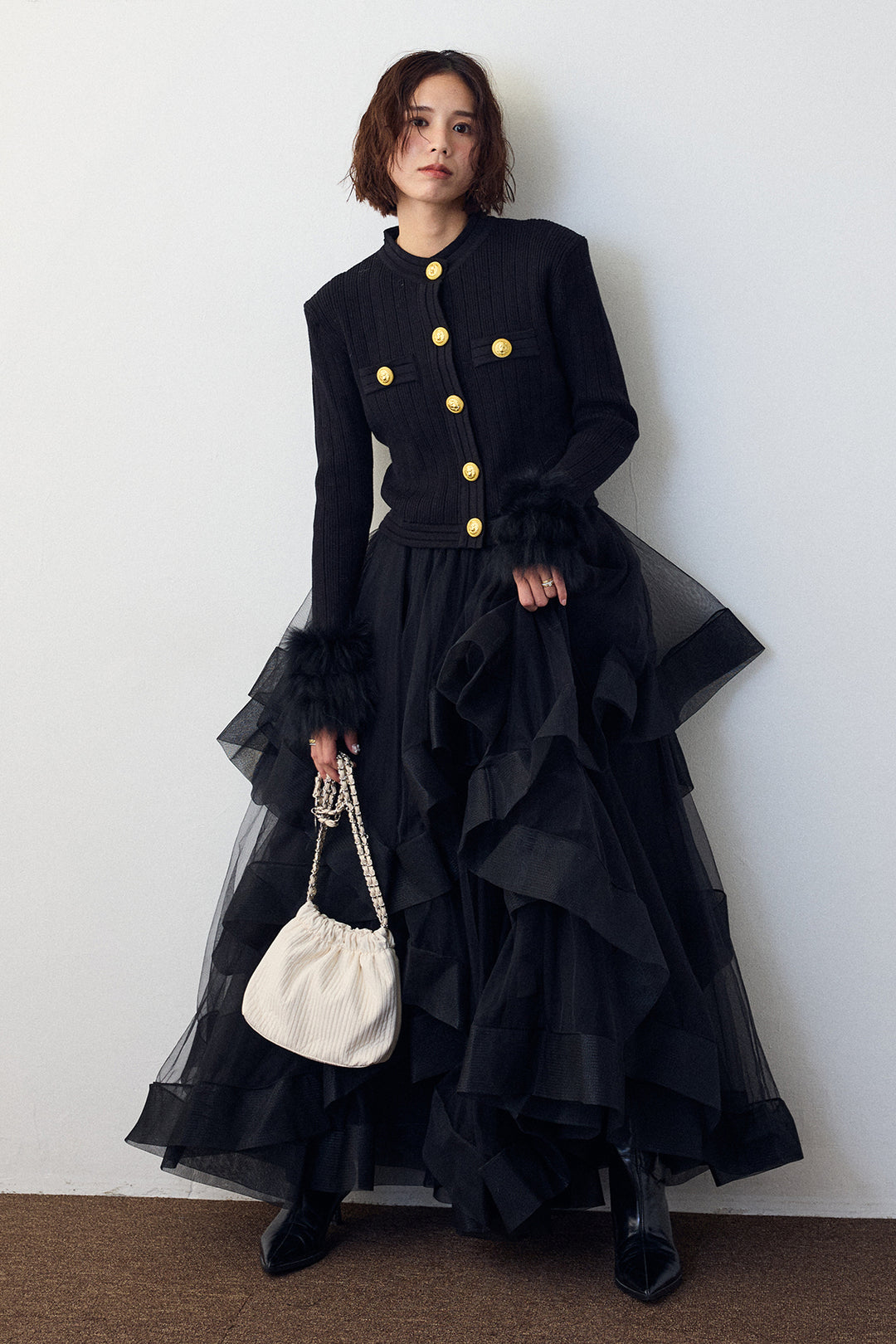 [予約/SET]ダブルファーラインスリーブニットカーデ+ランダムフリルティアードボリュームスカート(2set)
