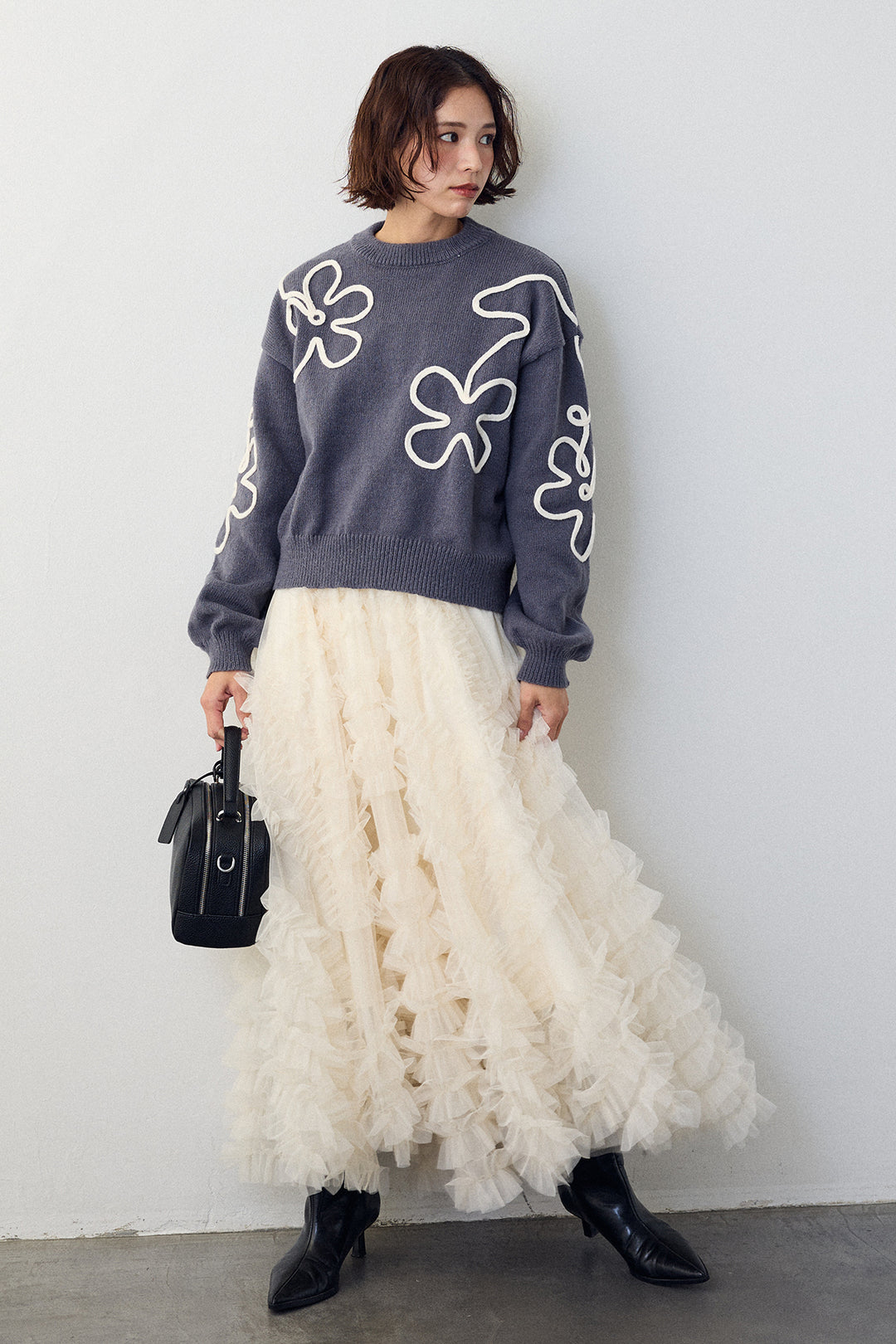 [予約/SET]コードフラワーニットプルオーバー+スフレアシメチュールスカート(2set)