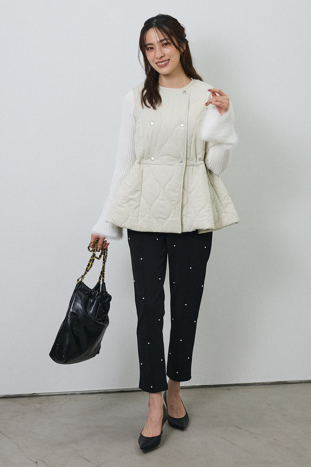 [予約/SET]キルティングフレアシルエットベスト+センターシームランダムパールパンツ(2set)
