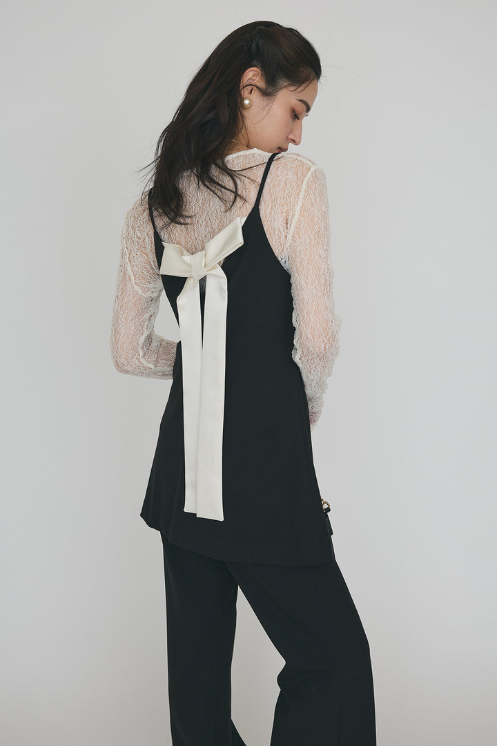 [予約/SET]ストレッチ繊細レーストップス+バックリボン美シルエットキャミチュニック+美脚セミフレアパンツ(3set)