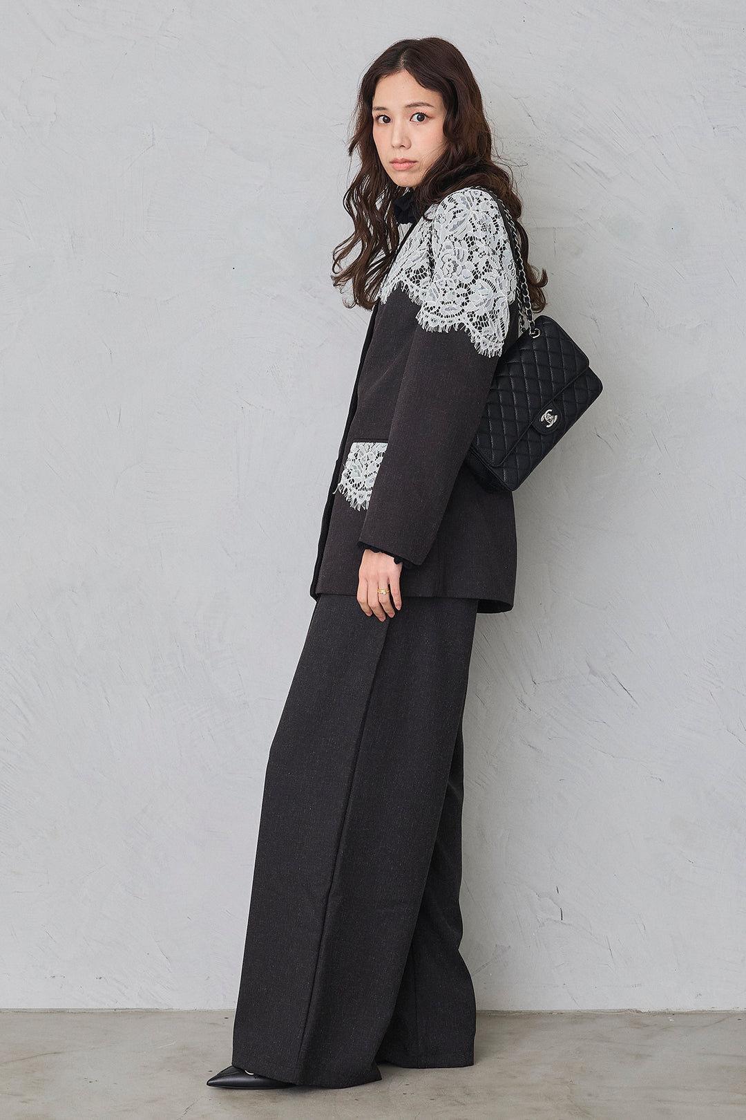 [予約/SET]ショルダーレースデザインジャケット+ライトツイードタックパンツ(2set)