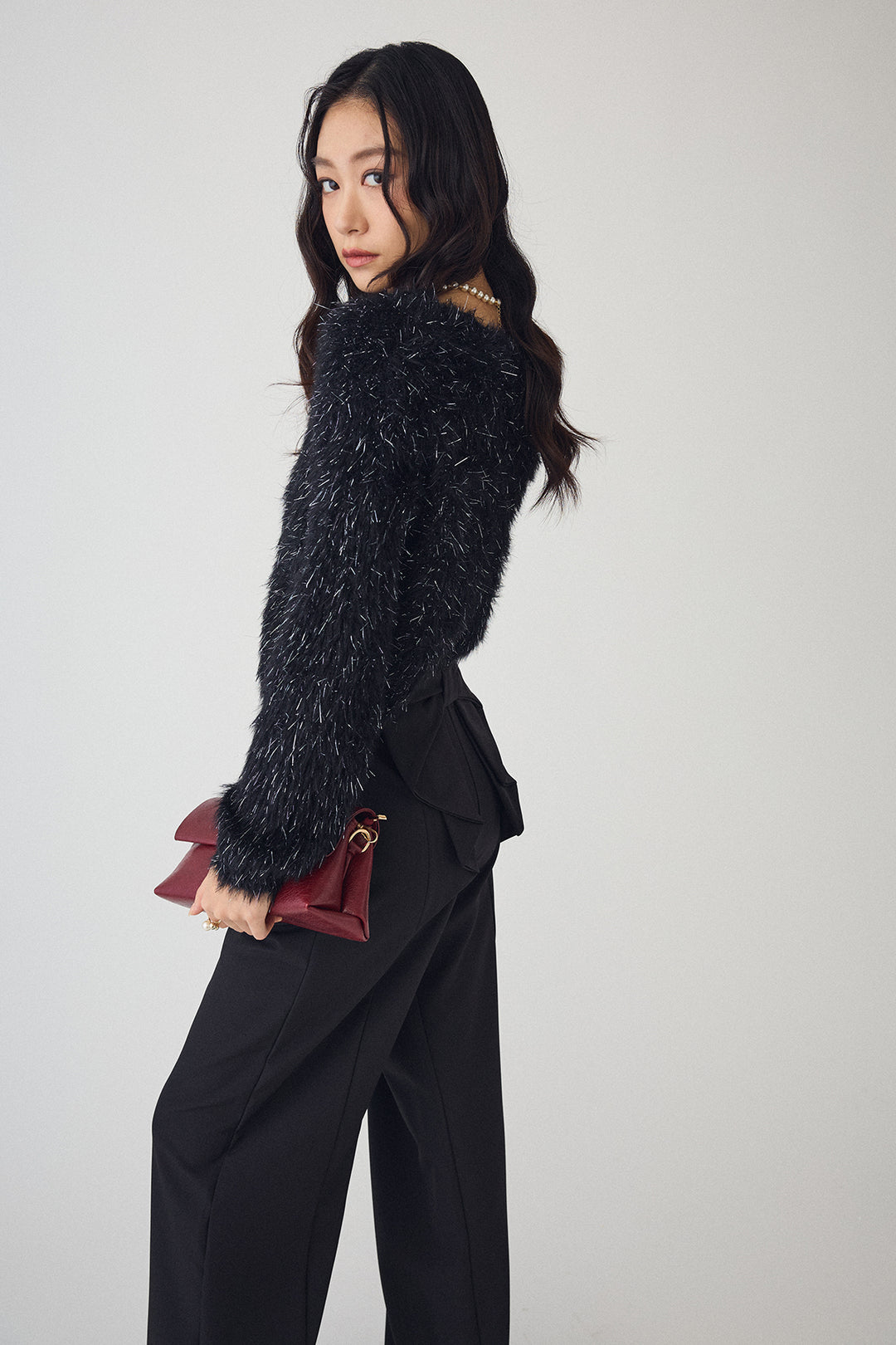 [予約/SET]ゴールドボタンラメシャギーニット+バックリボンストレートパンツ(2set)