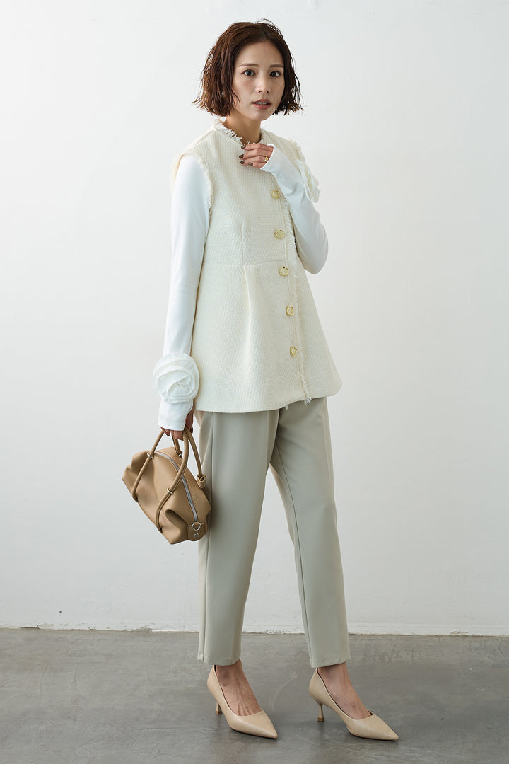 [予約/SET]フラワーモチーフポイントカットトップス+ツイードペプラム美フォルムジレ+タックテーパードパンツ(3set)