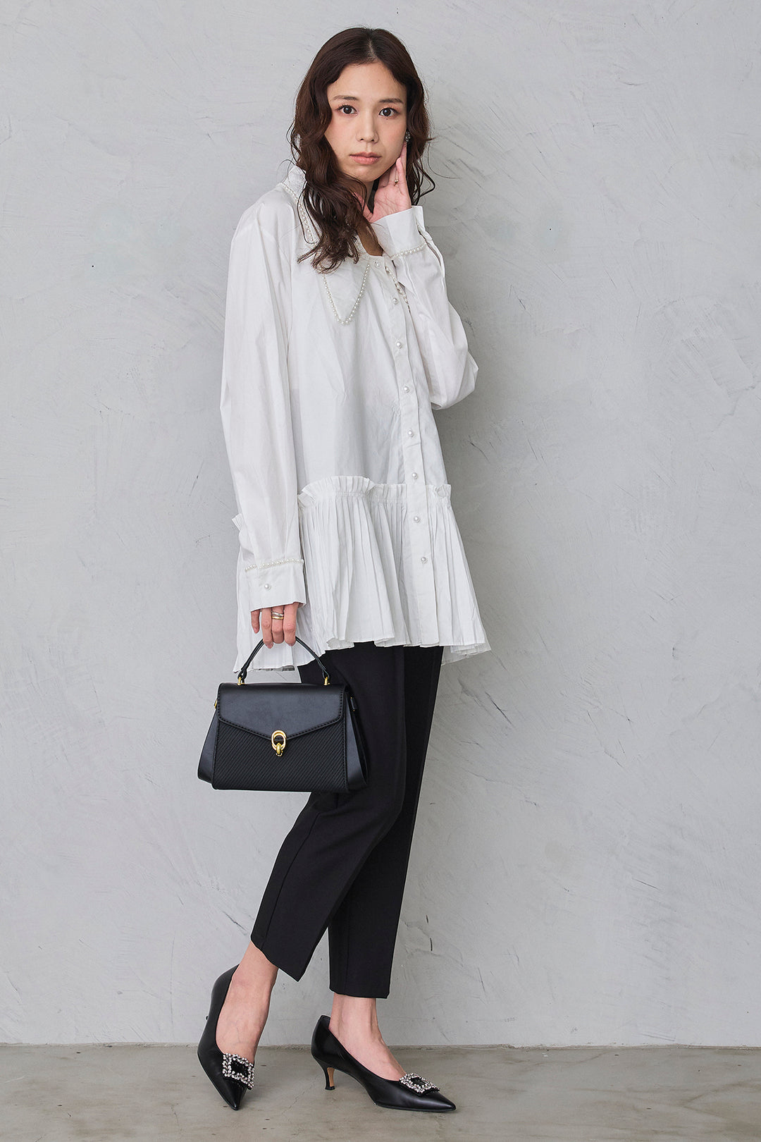 [予約/SET]パールライン襟×プリーツシャツ+タックテーパードパンツ(2set)