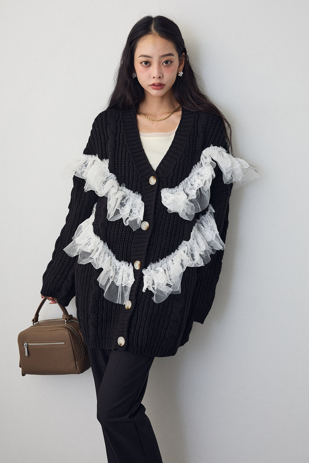 [予約/SET]ラッフルレースドッキングニットBIGカーデ+タックテーパードパンツ(2set)