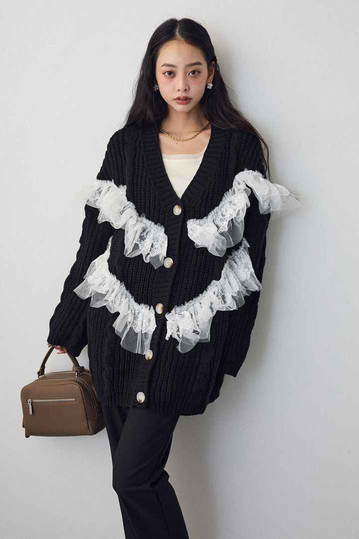 [予約/SET]ラッフルレースドッキングニットBIGカーデ+タックテーパードパンツ(2set)