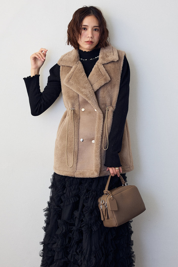 [予約/SET]ネックショルダーパールポイントニット+テディボアウエストドロストベスト(2set)