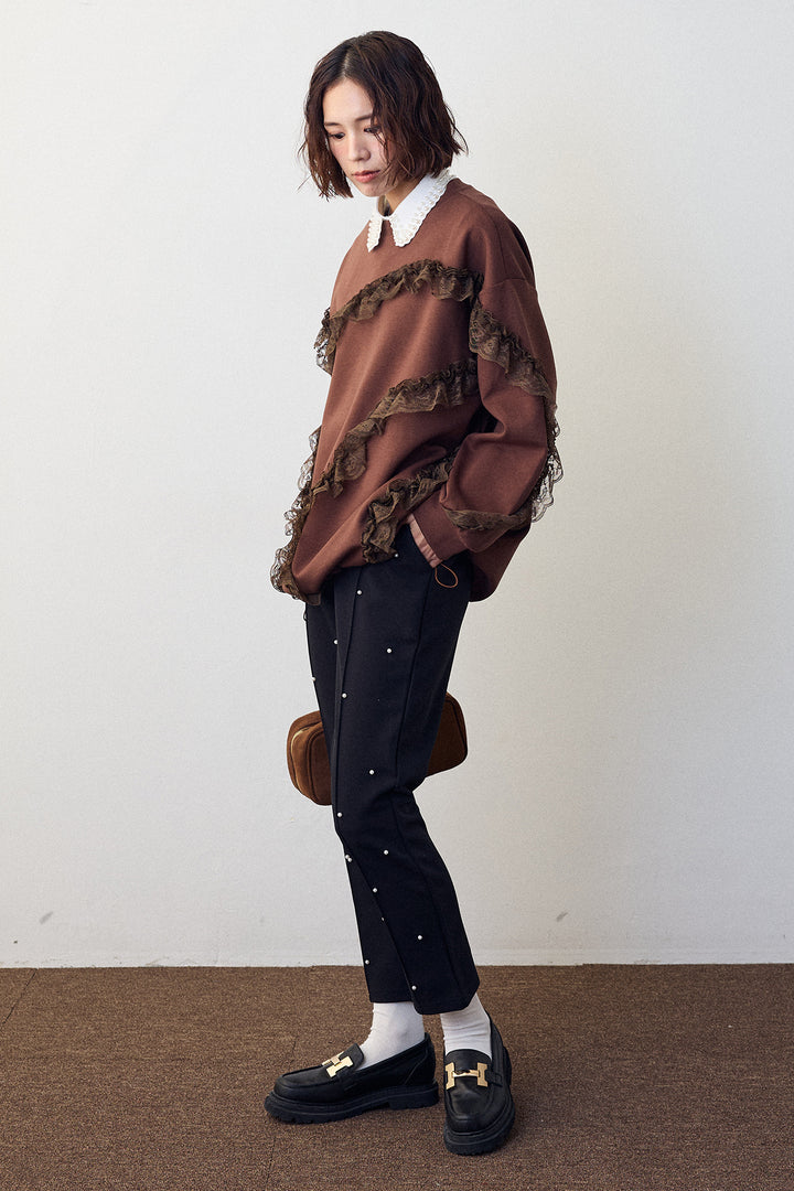 [予約/SET]2連パール付け襟+レースフリルランダムラインスウェット+センターシームランダムパールパンツ(3set)