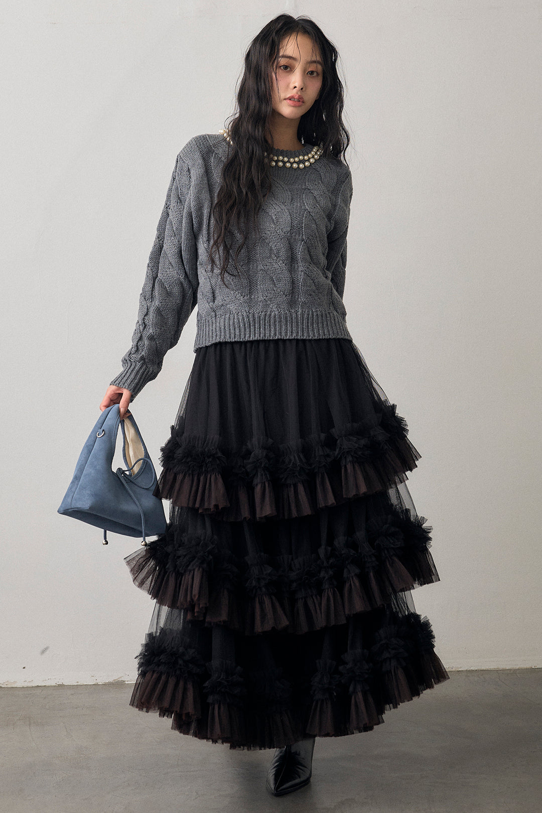 [予約/SET]ネックパールケーブル編みニット+配色フリルティアードロマンティックスカート(2set)