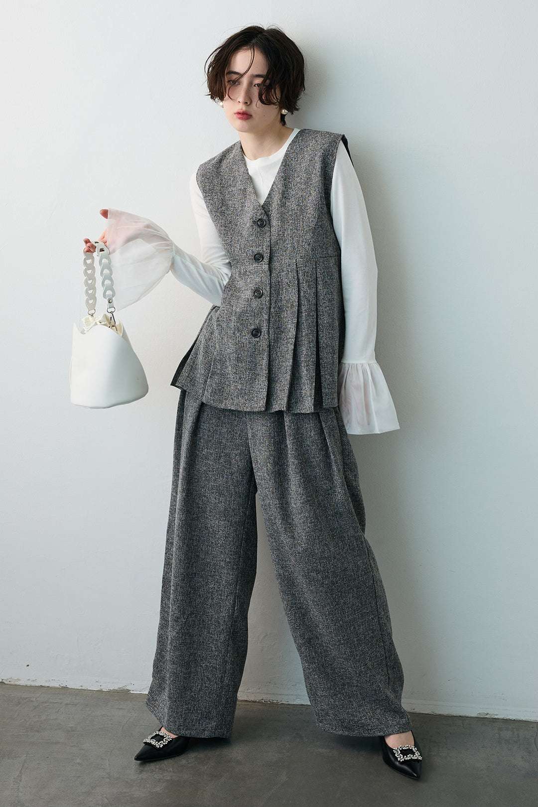 [予約/SET]サマーツイードボックスプリーツベスト+サマーツイードウエストラインタックパンツ(2set)