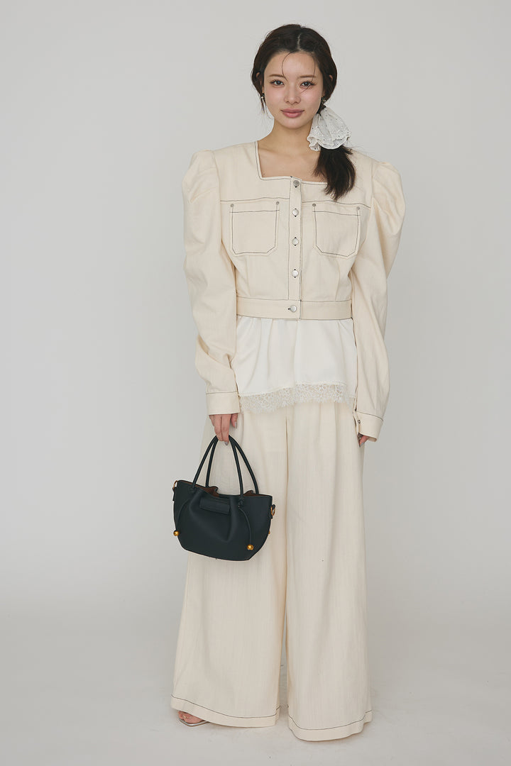 [予約/SET]ステッチパフスリーブクロップドジャケット+ステッチデザインハイウエストデニムパンツ(2set)