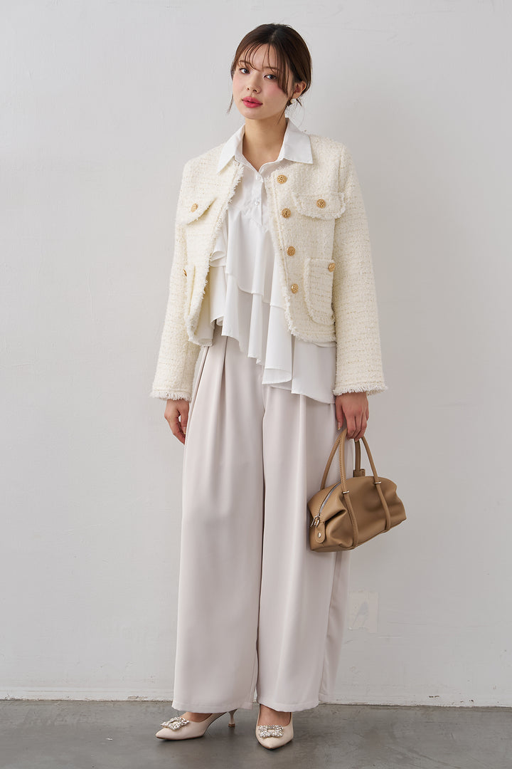 [予約/SET]フリンジツイードゴールドボタンジャケット+エステルツイルタックワイドカラーパンツ(2set)