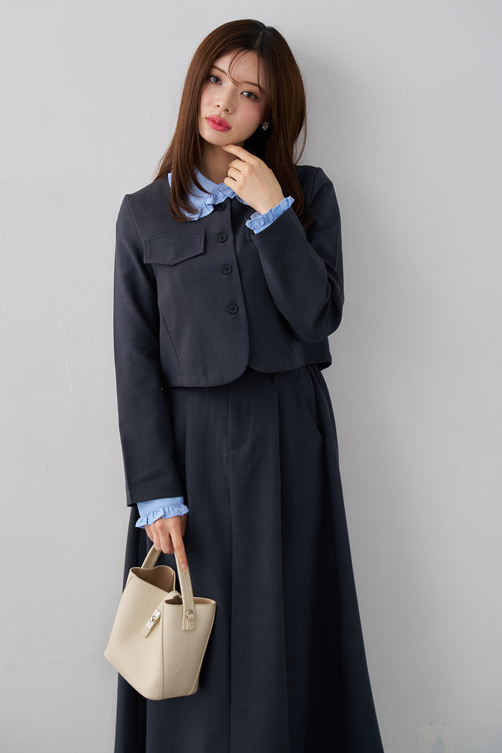 [予約/SET]ミニフリル襟ボリュームスリーブブラウス+ノーカラークロップドジャケットスカートセット(2set)