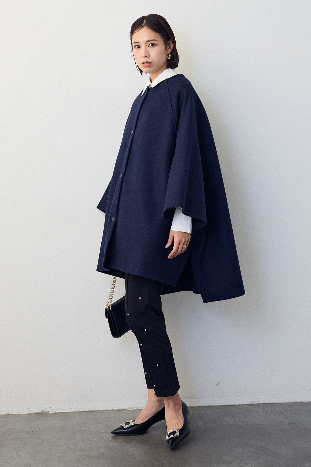 [予約/SET]パネルフレアヘムシャツ+ウールライクドルマンポンチョコート+センターシームランダムパールパンツ(3set)