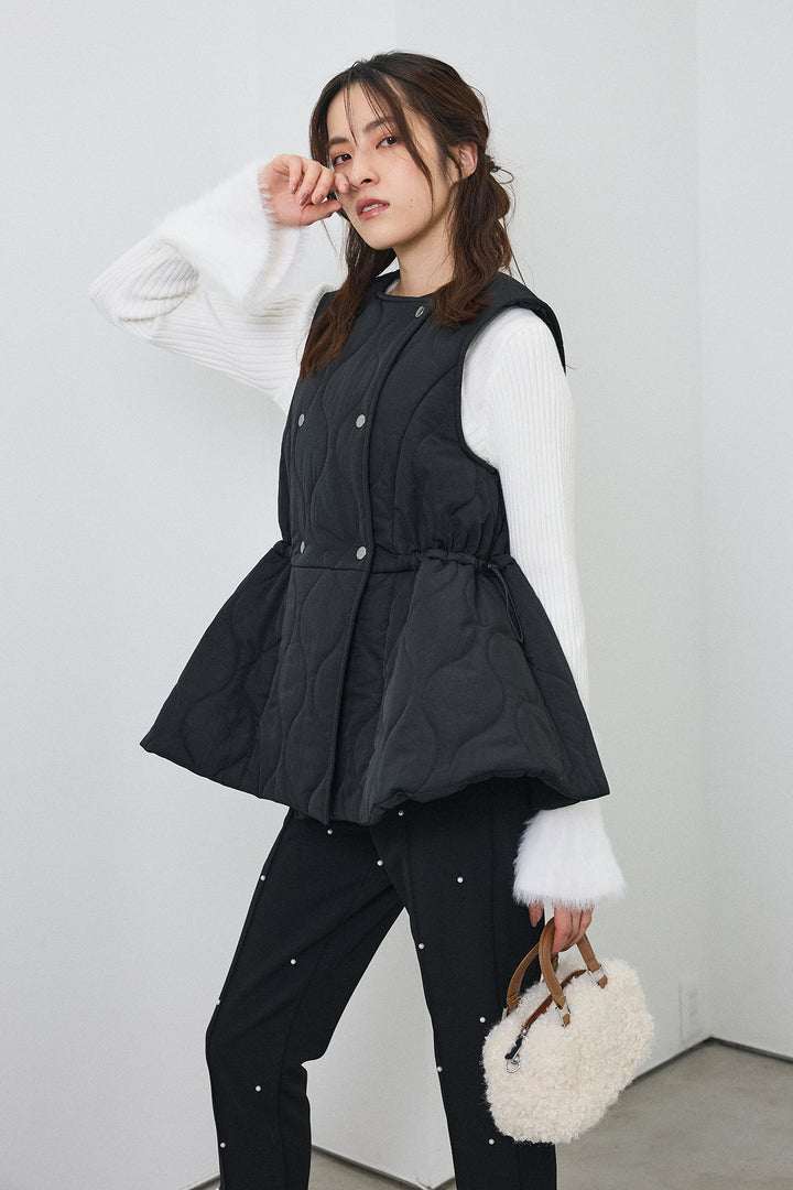 [予約/SET]フェザー切替スリーブフレアニット+キルティングフレアシルエットベスト(2set)
