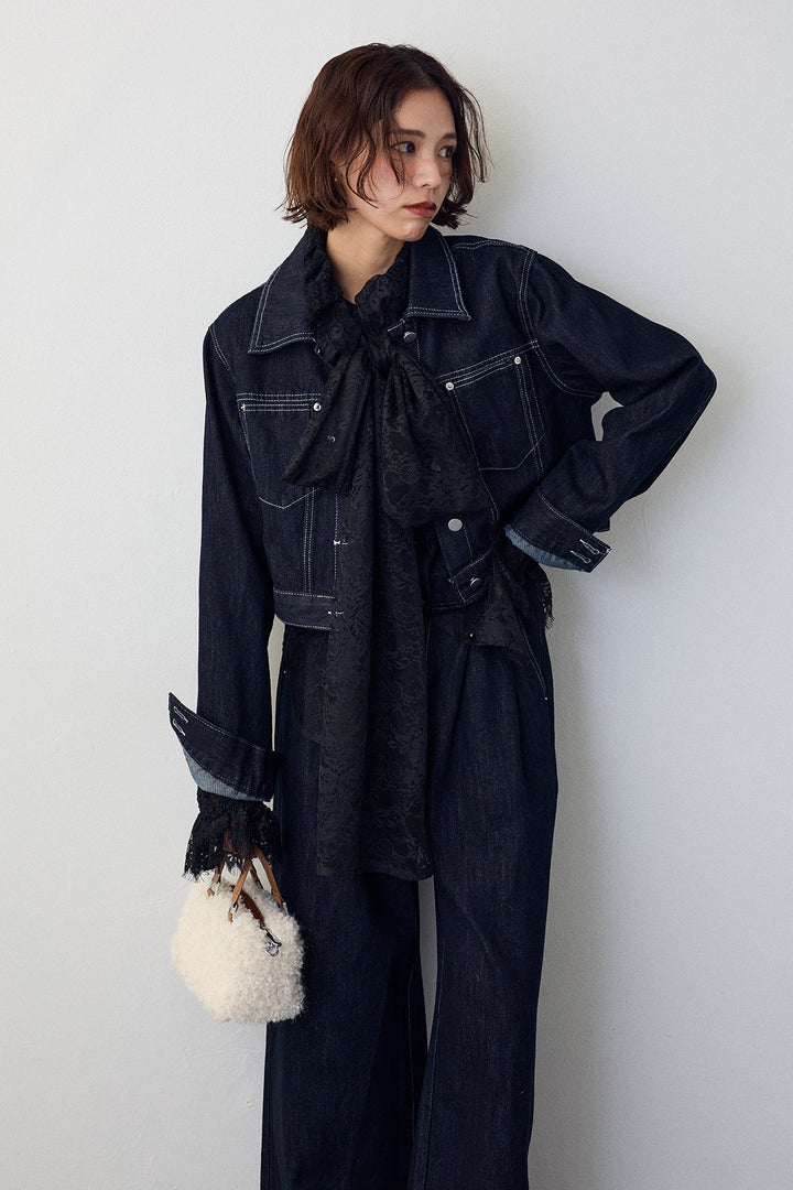 [予約/SET]クラシカルレースボウタイブラウス+クロップドデニムセットアップ(2set)