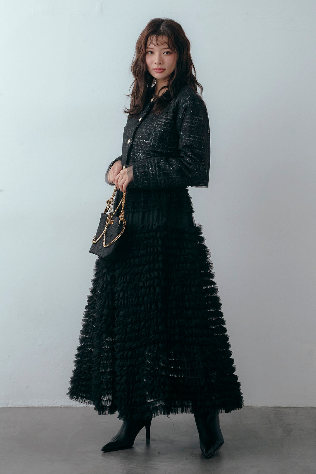 [予約/SET]ツイード×チュールレイヤードクロップドジャケット+ホイップチュールティアードスカート(2set)