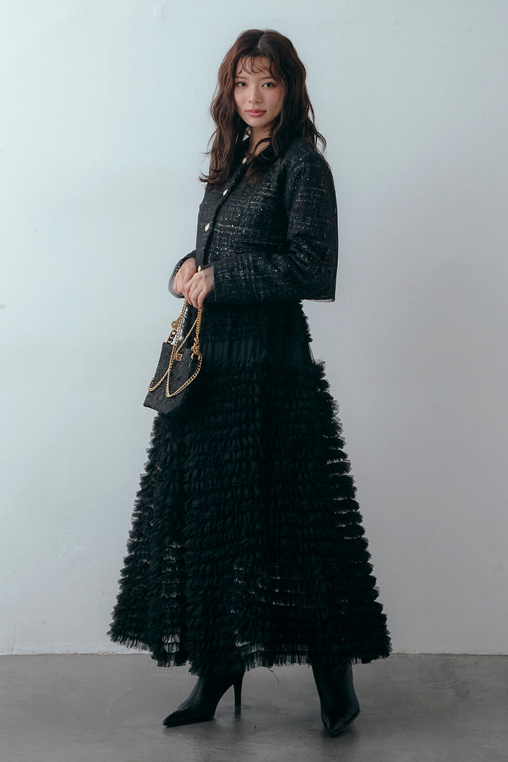 [予約/SET]ツイード×チュールレイヤードクロップドジャケット+ホイップチュールティアードスカート(2set)